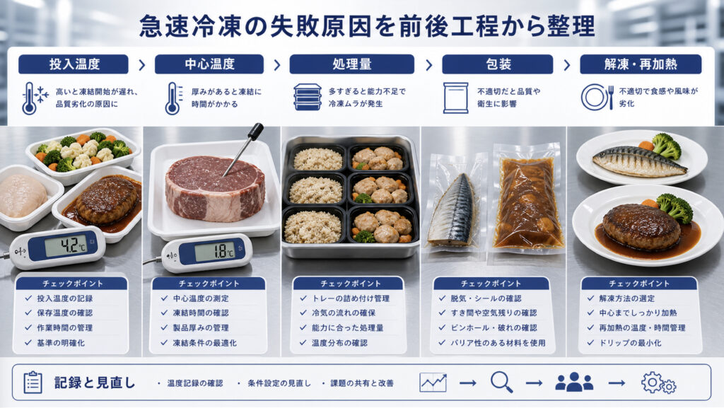 急速冷凍の失敗原因を温度や風や処理量や包装や解凍で整理する図