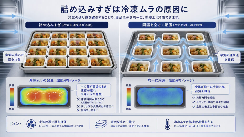 食品の詰め込みと冷気の通り道不足による冷凍ムラを示す画像