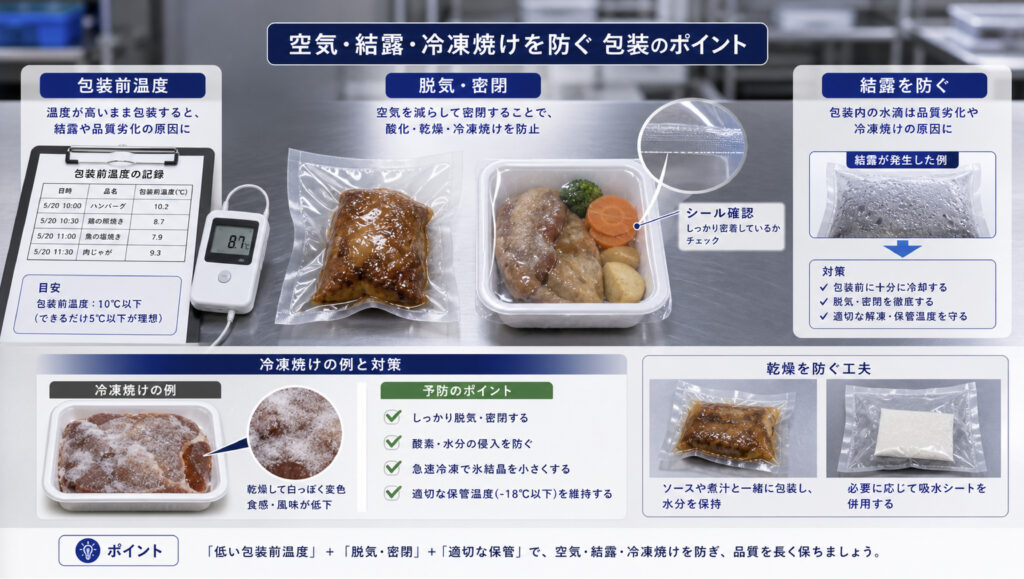 食品の詰め込みと冷気の通り道不足による冷凍ムラを示す画像