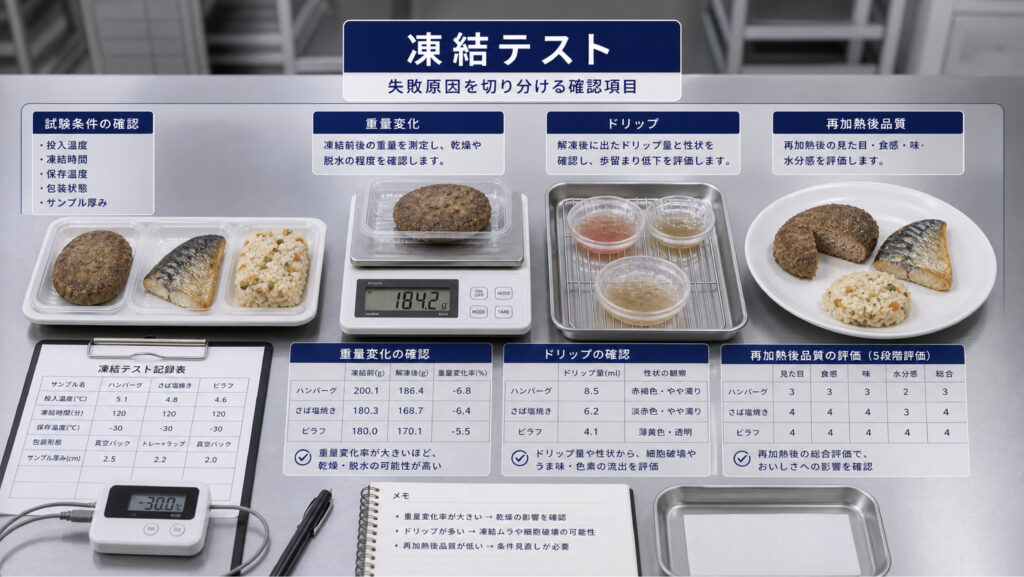 凍結テストで温度、重量、ドリップ、再加熱後品質を確認する画像