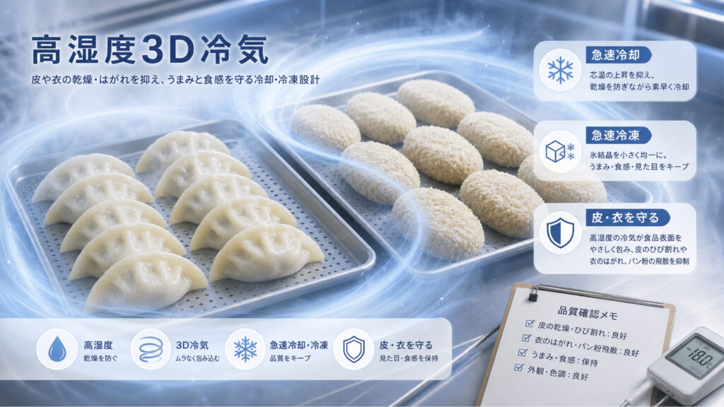 3Dフリーザーの高湿度冷気でコロッケと餃子を冷却・冷凍しているイメージ