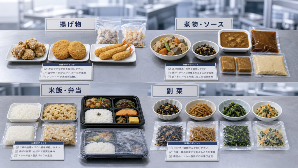 急速冷凍に向いている惣菜や調理済み食品を並べた商品写真
