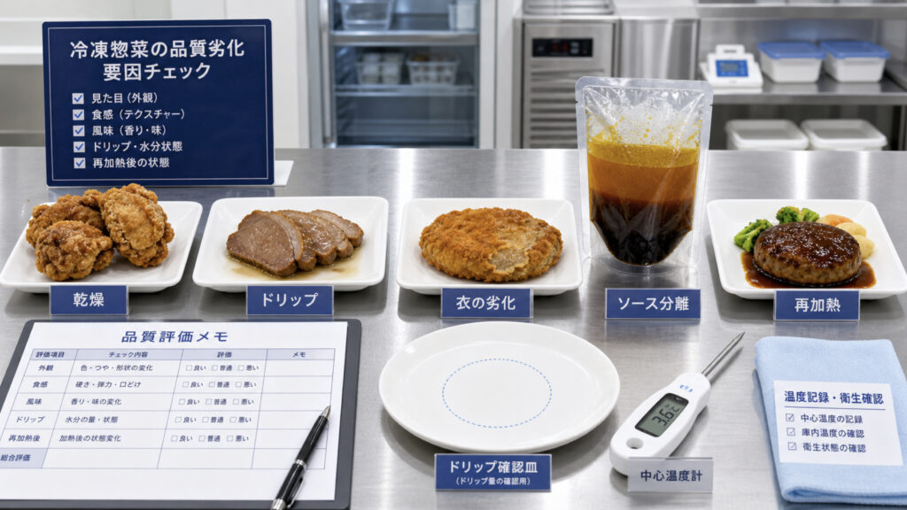 惣菜の乾燥、ドリップ、衣劣化、ソース分離を示す品質確認イメージ