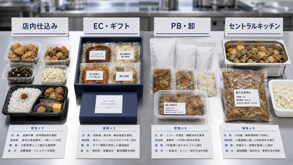 店内仕込み、スーパー惣菜、EC、PB、セントラルキッチンの違いを示す画像