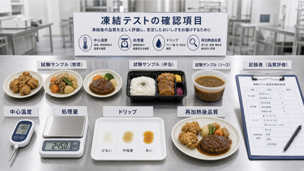 惣菜の中心温度、ドリップ、再加熱後品質、処理量を確認するテスト画像