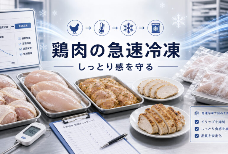 鶏肉の急速冷凍で品質と温度管理を確認する業務用資料イメージ