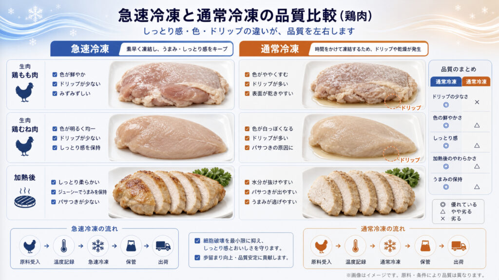 鶏肉の急速冷凍と通常冷凍による品質差を比較する補助画像