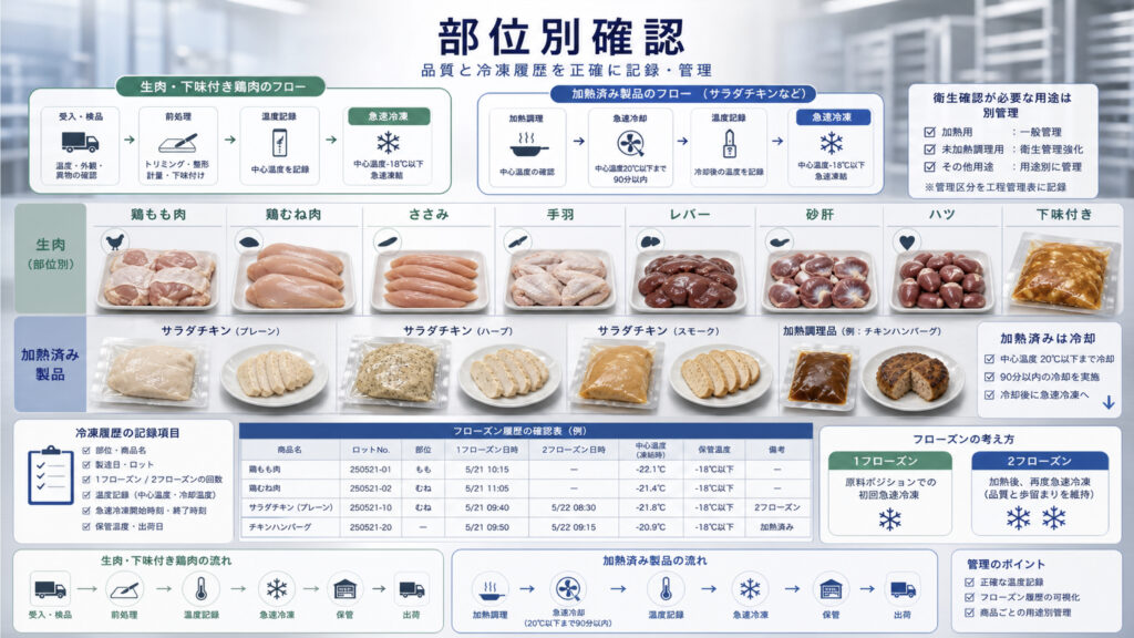 鶏肉の部位別品質と冷凍履歴を確認する補助画像