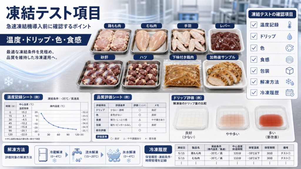 鶏肉の凍結テストで温度、ドリップ、色、食感を確認する補助画像