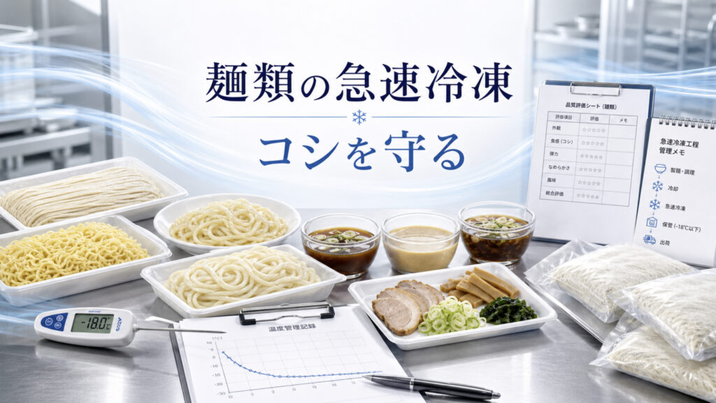 麺類の急速冷凍で品質と温度管理を確認する業務用資料イメージ
