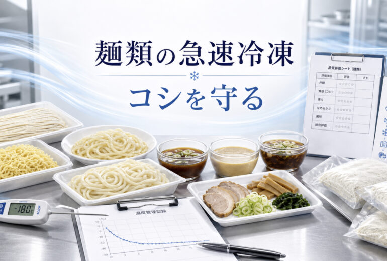 麺類の急速冷凍で品質と温度管理を確認する業務用資料イメージ