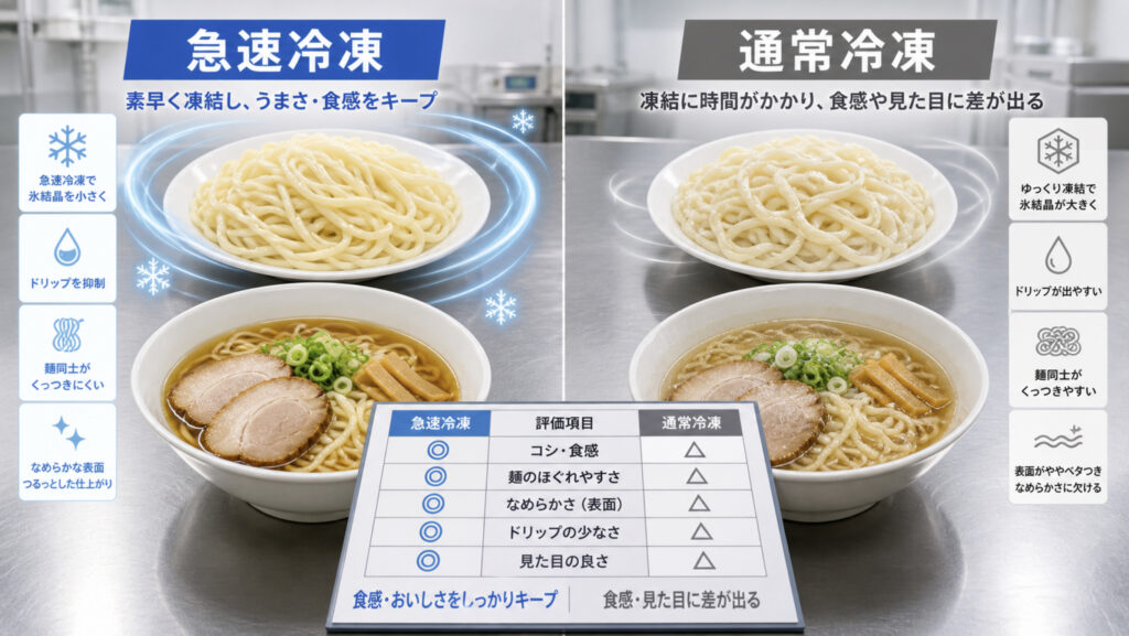 麺類の急速冷凍と通常冷凍による品質差を比較する補助画像