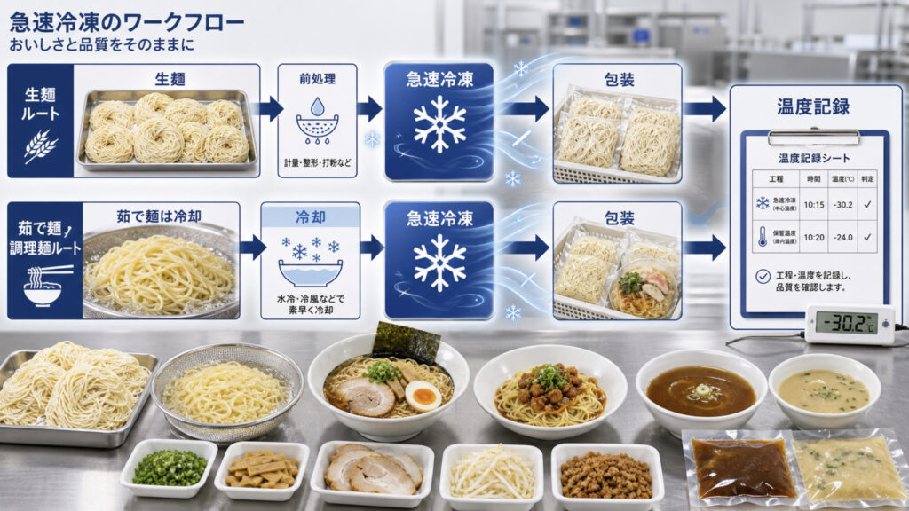 麺類を急速冷凍して商品化する工程を示す補助画像