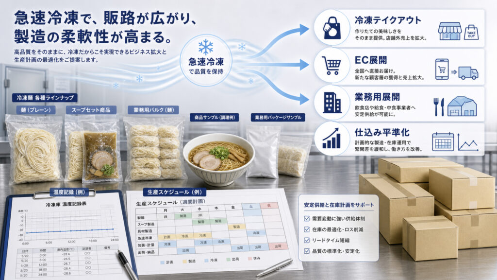 麺類の急速冷凍で販売と製造の幅を広げる補助画像