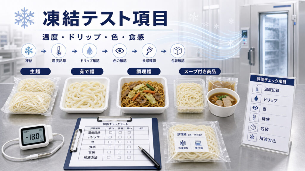 麺類の凍結テストで温度、ドリップ、色、食感を確認する補助画像