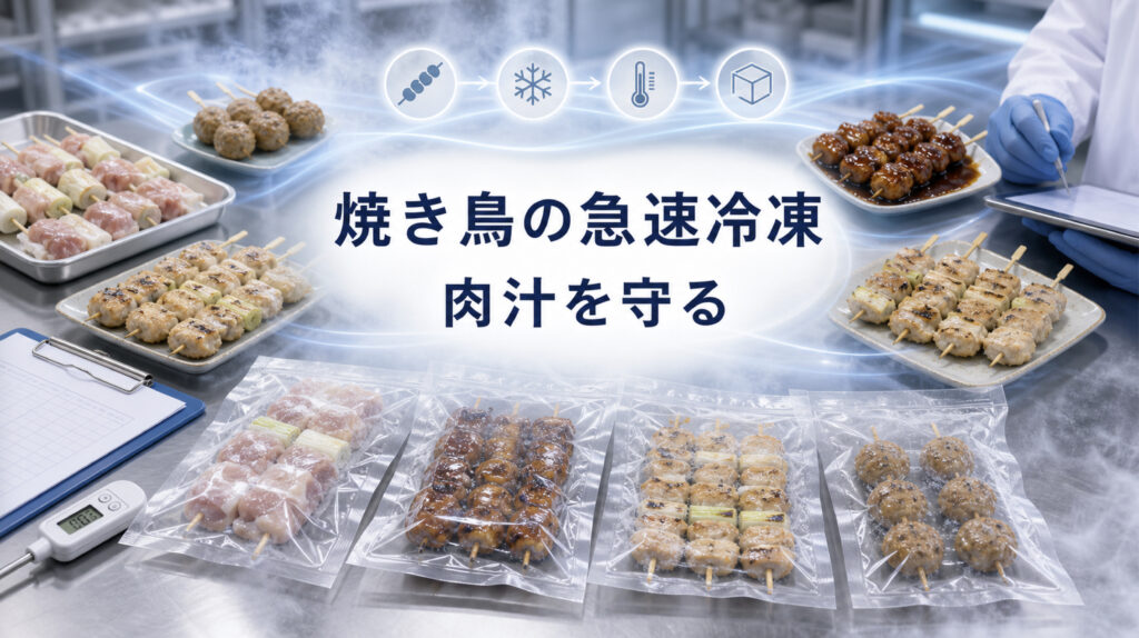 焼き鳥の急速冷凍で品質と温度管理を確認する業務用資料イメージ