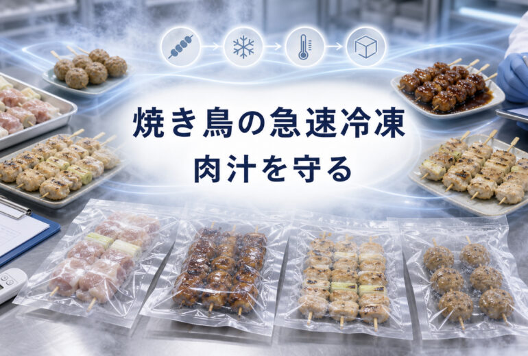 焼き鳥の急速冷凍で品質と温度管理を確認する業務用資料イメージ