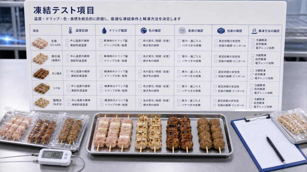 焼き鳥の凍結テストで温度、ドリップ、色、食感を確認する補助画像