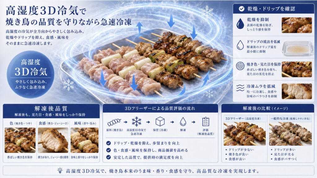 高湿度3D冷気で焼き鳥の凍結品質を守るイメージ