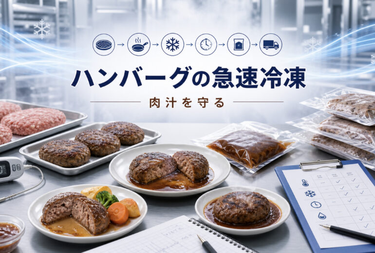 ハンバーグの急速冷凍で品質と温度管理を確認する業務用資料イメージ