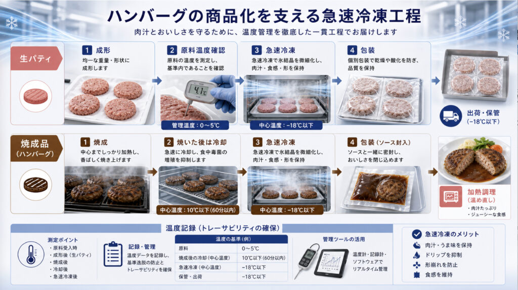 ハンバーグを急速冷凍して商品化する工程を示す補助画像