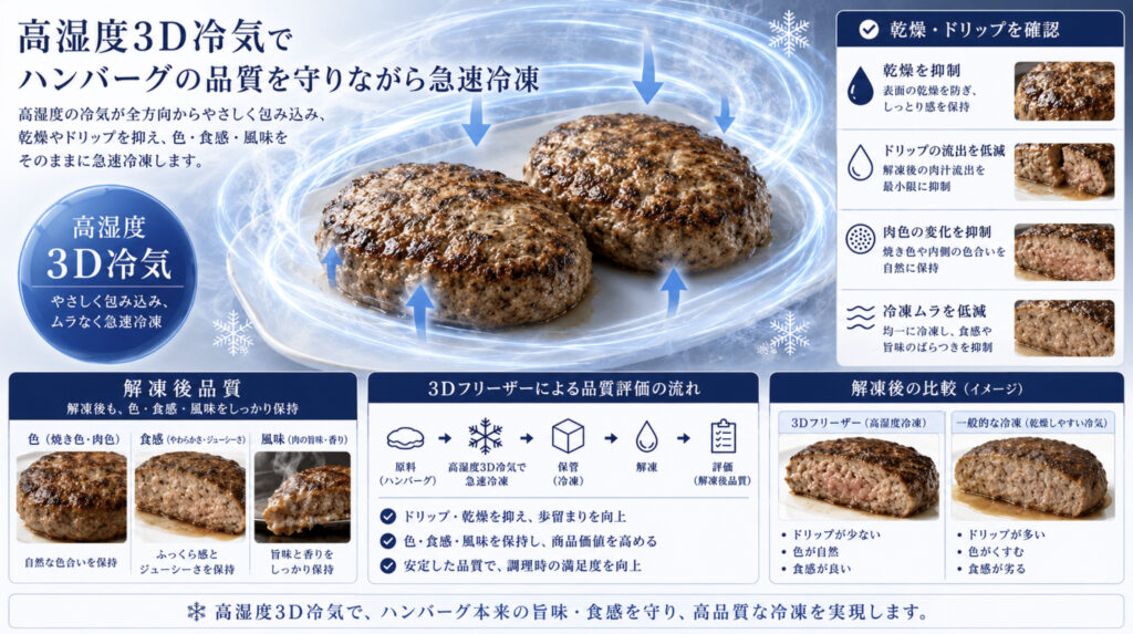 高湿度3D冷気でハンバーグの凍結品質を守るイメージ