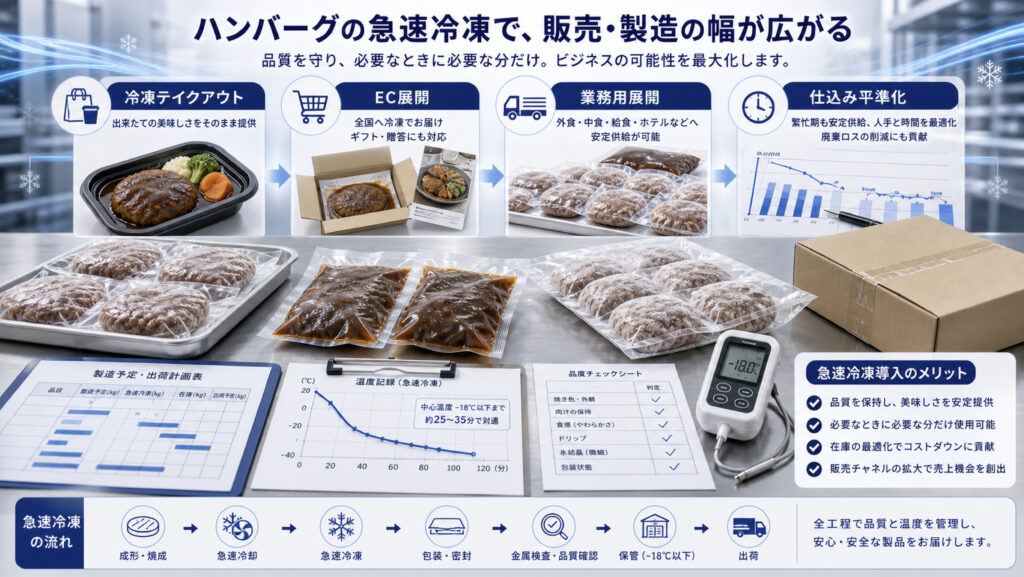 ハンバーグの急速冷凍で販売と製造の幅を広げる補助画像