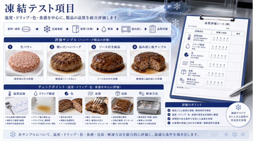 ハンバーグの凍結テストで温度、ドリップ、色、食感を確認する補助画像