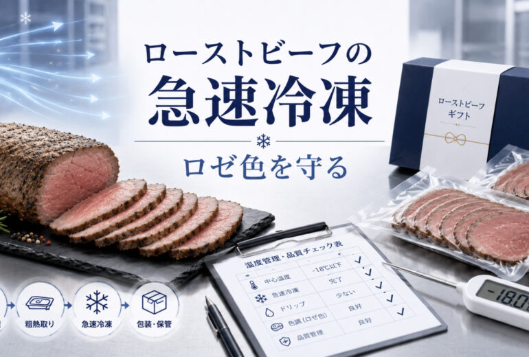 ローストビーフの急速冷凍で品質と温度管理を確認する業務用資料イメージ