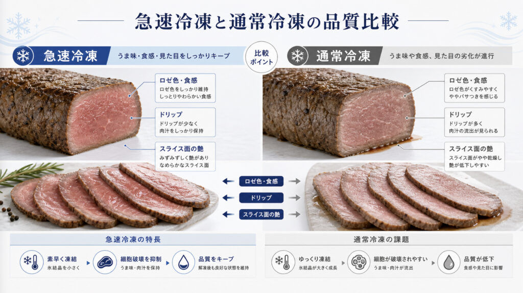 ローストビーフの急速冷凍と通常冷凍による品質差を比較する補助画像