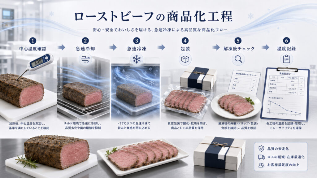 ローストビーフを急速冷凍して商品化する工程を示す補助画像