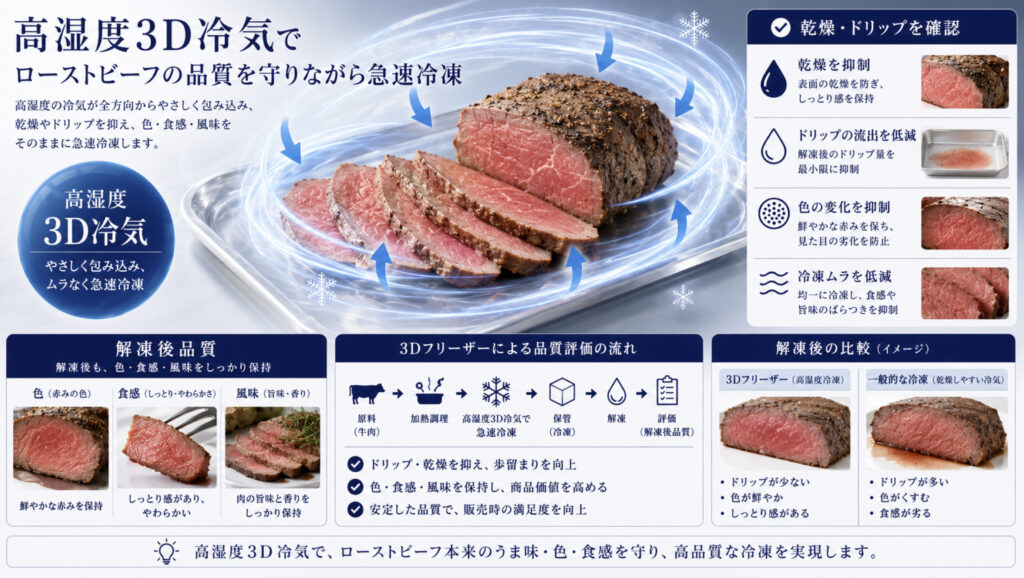 ローストビーフを急速冷凍して商品化する工程を示す補助画像