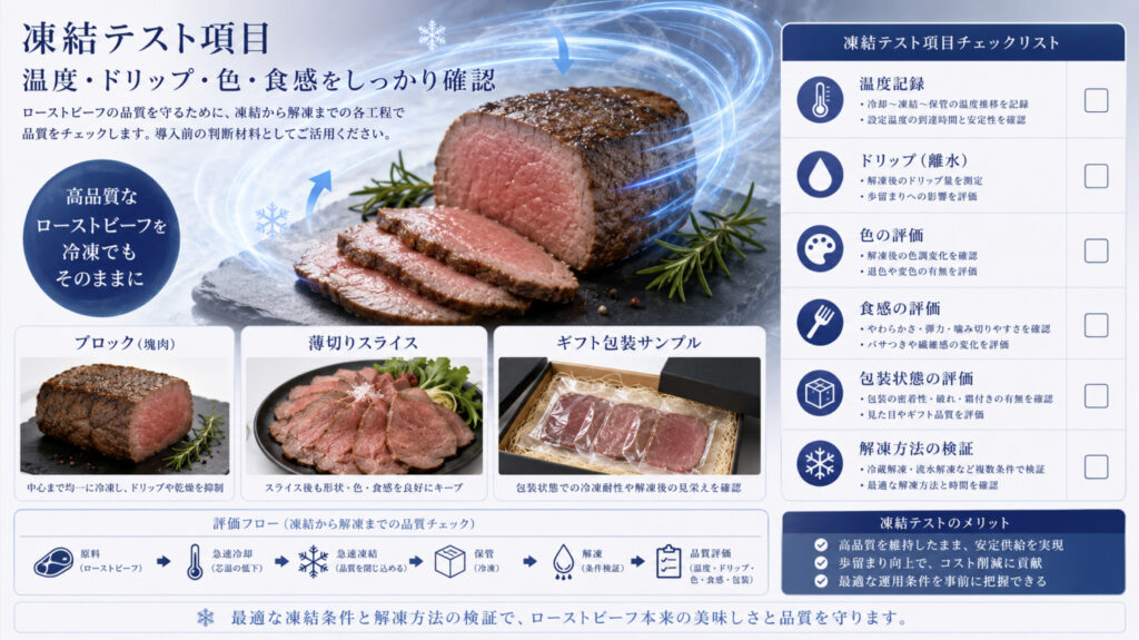 ローストビーフの凍結テストで温度、ドリップ、色、食感を確認する補助画像