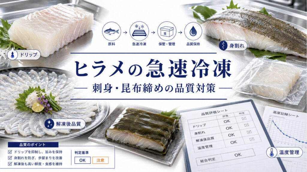 ヒラメの刺身と昆布締めを業務用急速冷凍で品質確認している様子