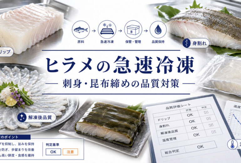 ヒラメの刺身と昆布締めを業務用急速冷凍で品質確認している様子