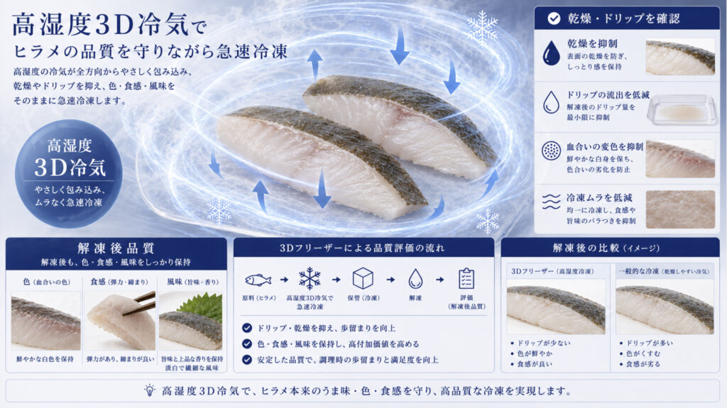 高湿度3D冷気でヒラメの刺身品質とドリップ抑制を確認している様子