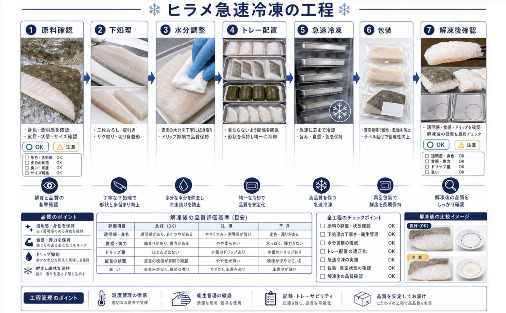 ヒラメを原料確認から下処理、急速冷凍、包装、解凍後確認まで管理する工程図