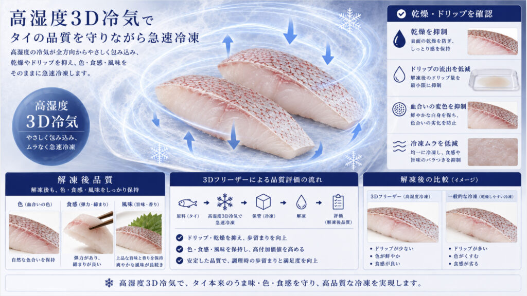 高湿度3D冷気でタイの刺身品質と加熱後品質を確認するイメージ