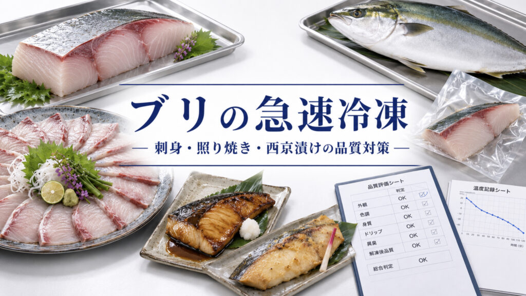ブリの急速冷凍で刺身、照り焼き、西京漬けの品質を確認する業務用資料イメージ