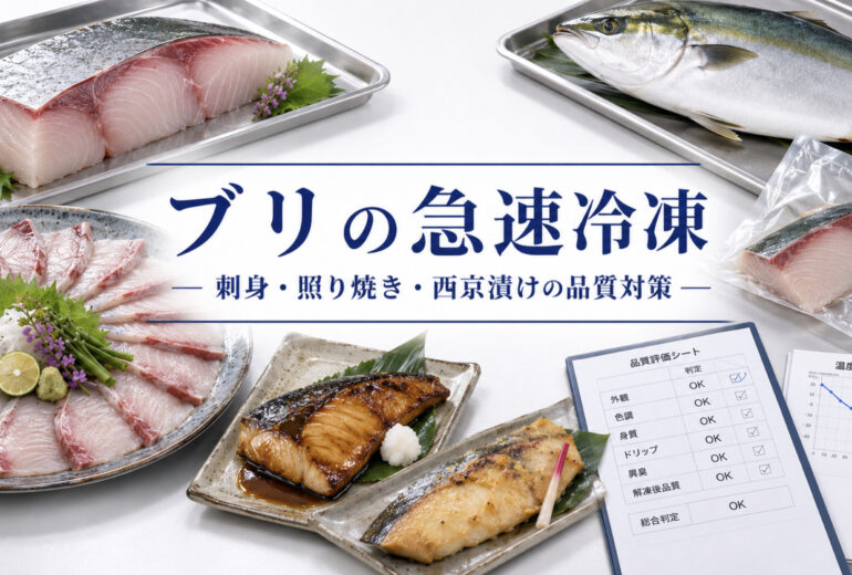 ブリの急速冷凍で刺身、照り焼き、西京漬けの品質を確認する業務用資料イメージ
