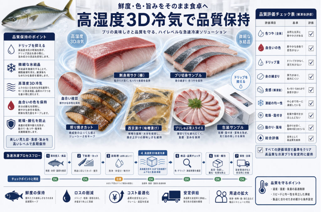 高湿度3D冷気でブリの脂、血合い、ドリップを確認するイメージ