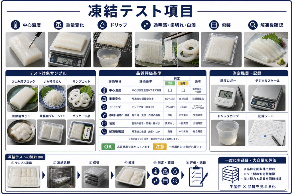 イカの凍結テストで中心温度、ドリップ、透明感、白濁、歯切れを確認する項目表