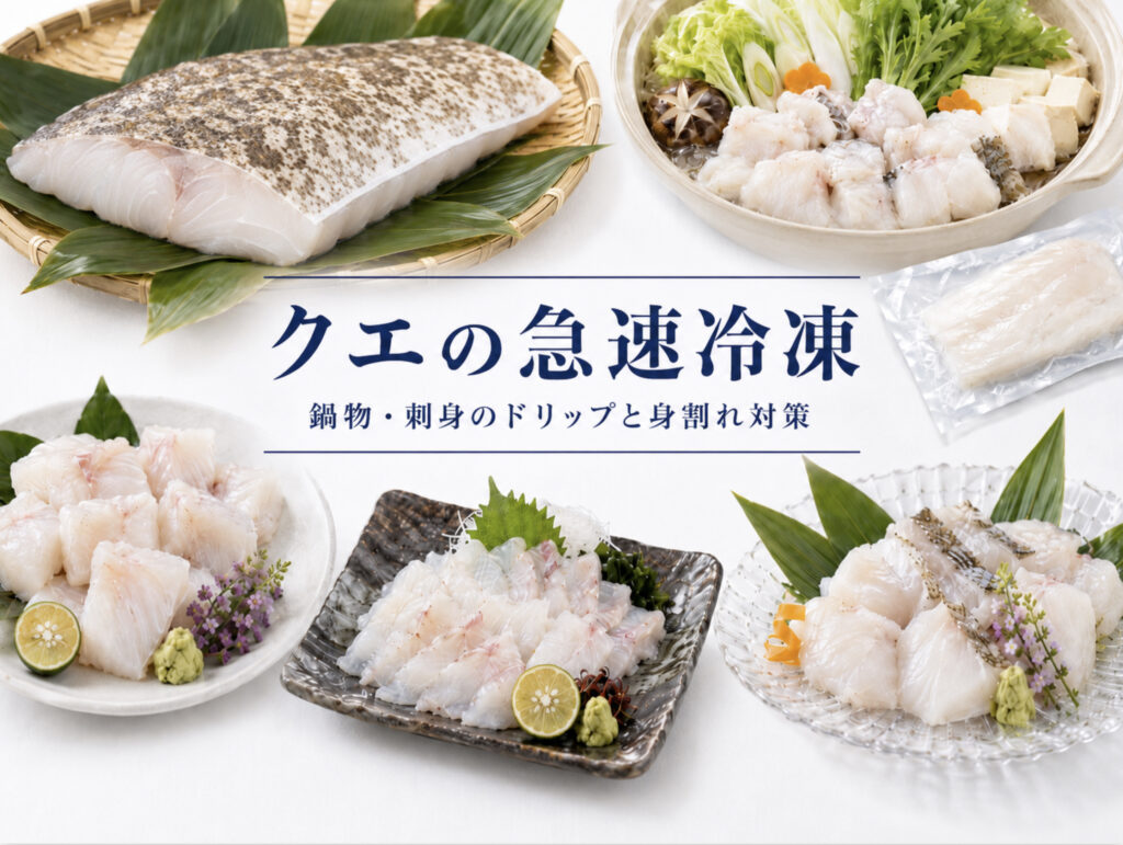 クエの鍋物用切り身、あら、刺身、薄造り、ECギフトを急速冷凍で品質確認する資料