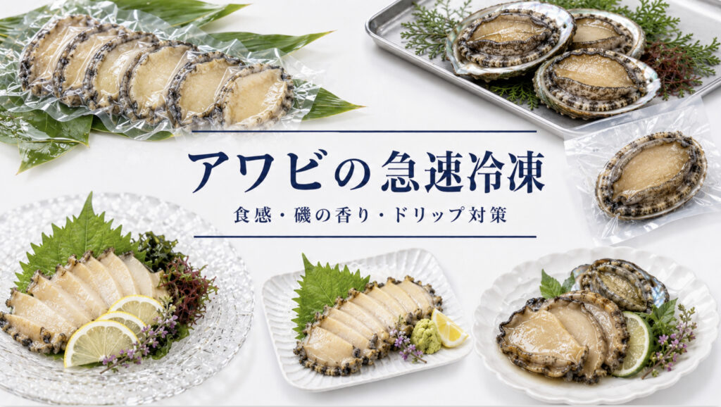 アワビの殻付き、むき身、スライス、ギフト商品を急速冷凍で品質確認する資料