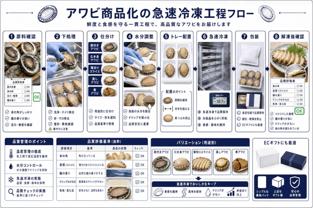 アワビの殻付き、むき身、スライス、蒸しアワビを分けて急速冷凍する工程図