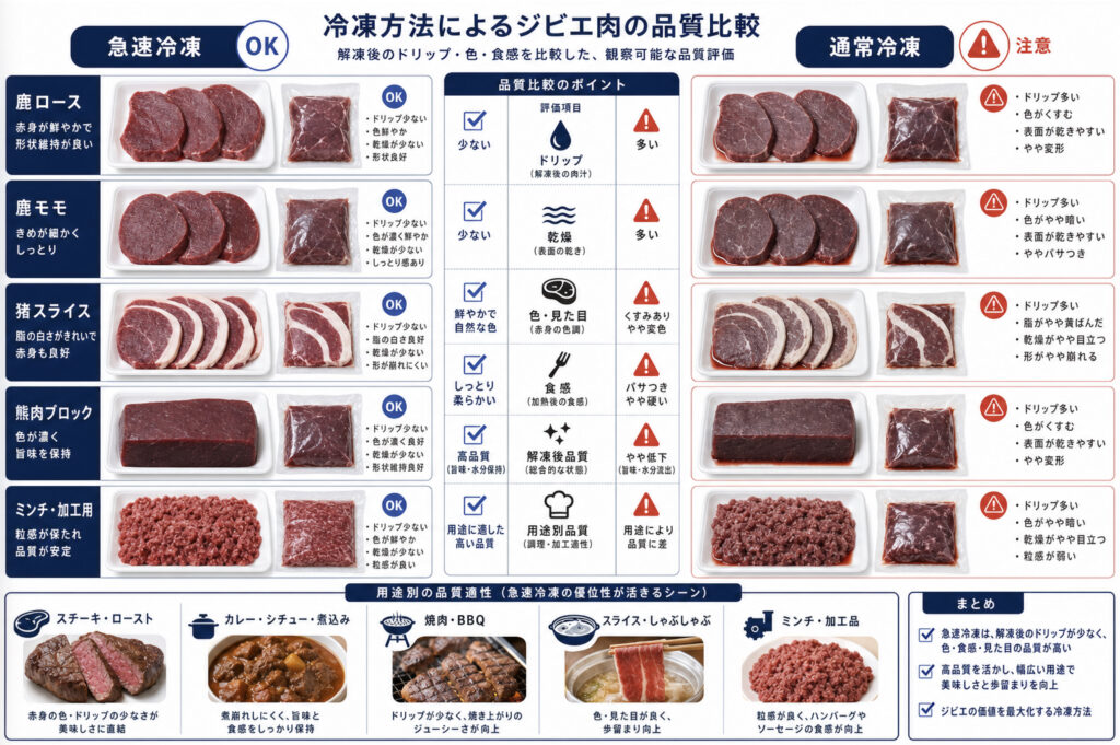 ジビエの急速冷凍で急速冷凍と通常冷凍による品質差を比較する補助画像