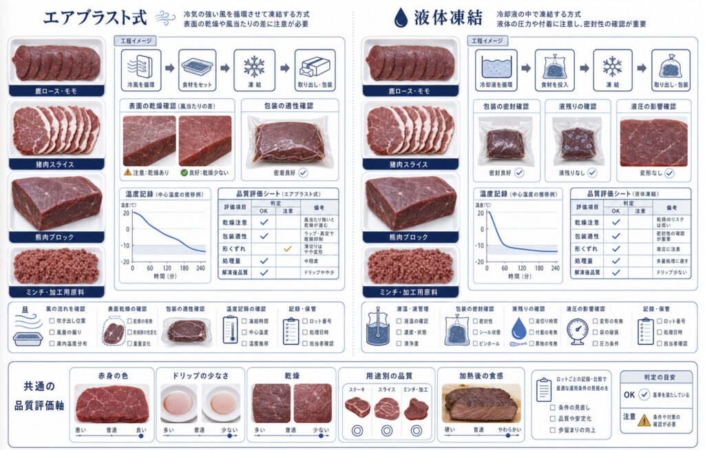 ジビエの急速冷凍でエアブラスト式と液体凍結を比較する図解