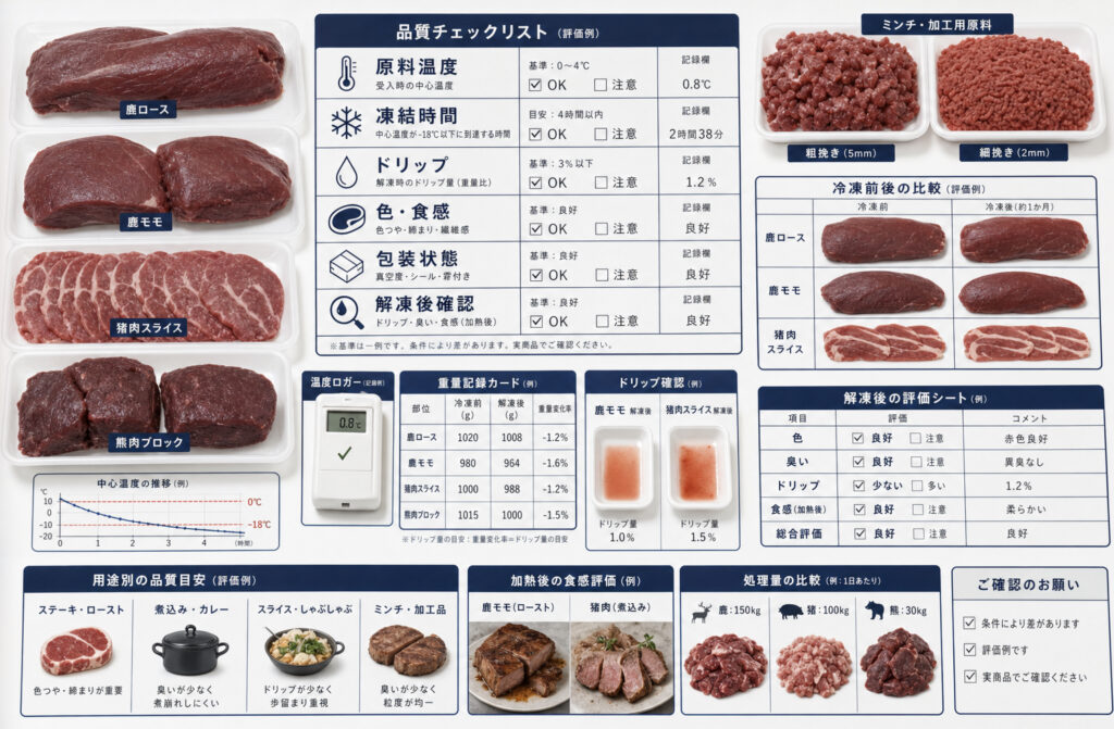 ジビエの急速冷凍で凍結テストで温度、ドリップ、外観、食感を確認する項目表