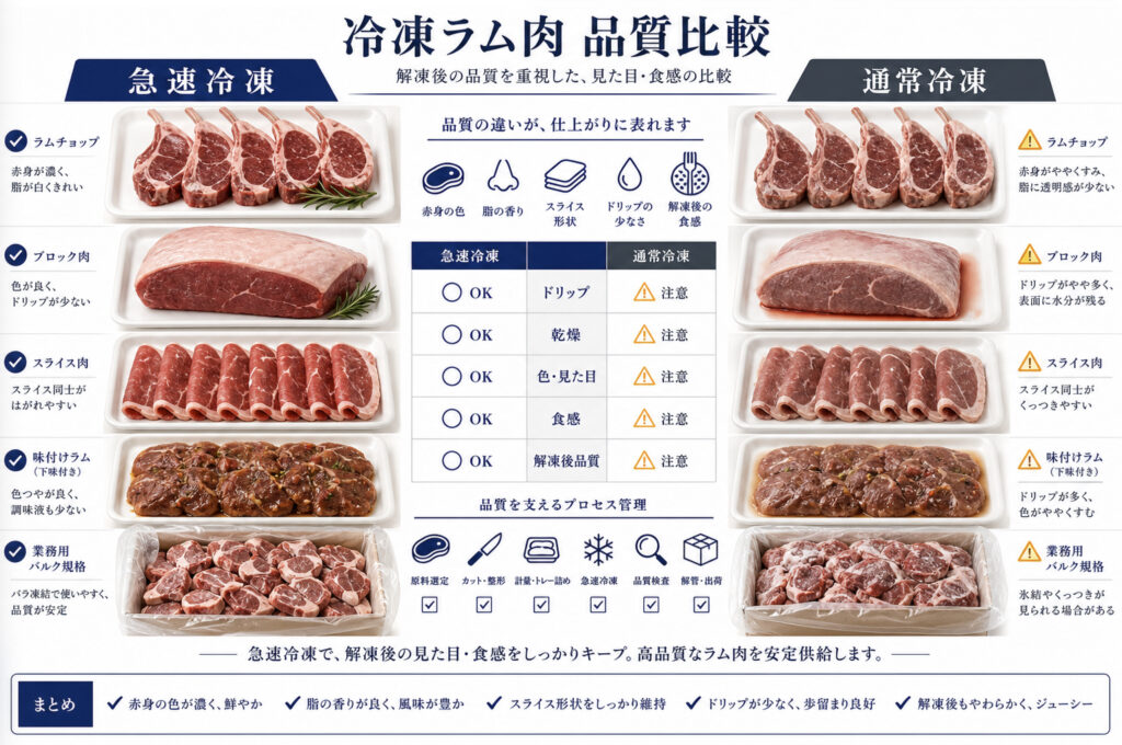ラム肉の急速冷凍で急速冷凍と通常冷凍による品質差を比較する補助画像