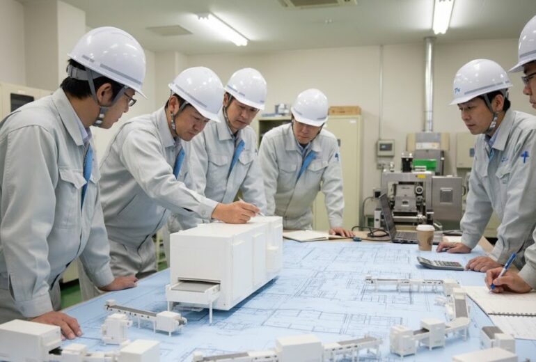 工場の図面を広げ、トンネル型フリーザーの模型を配置しながらレイアウトを検討する技術者たち